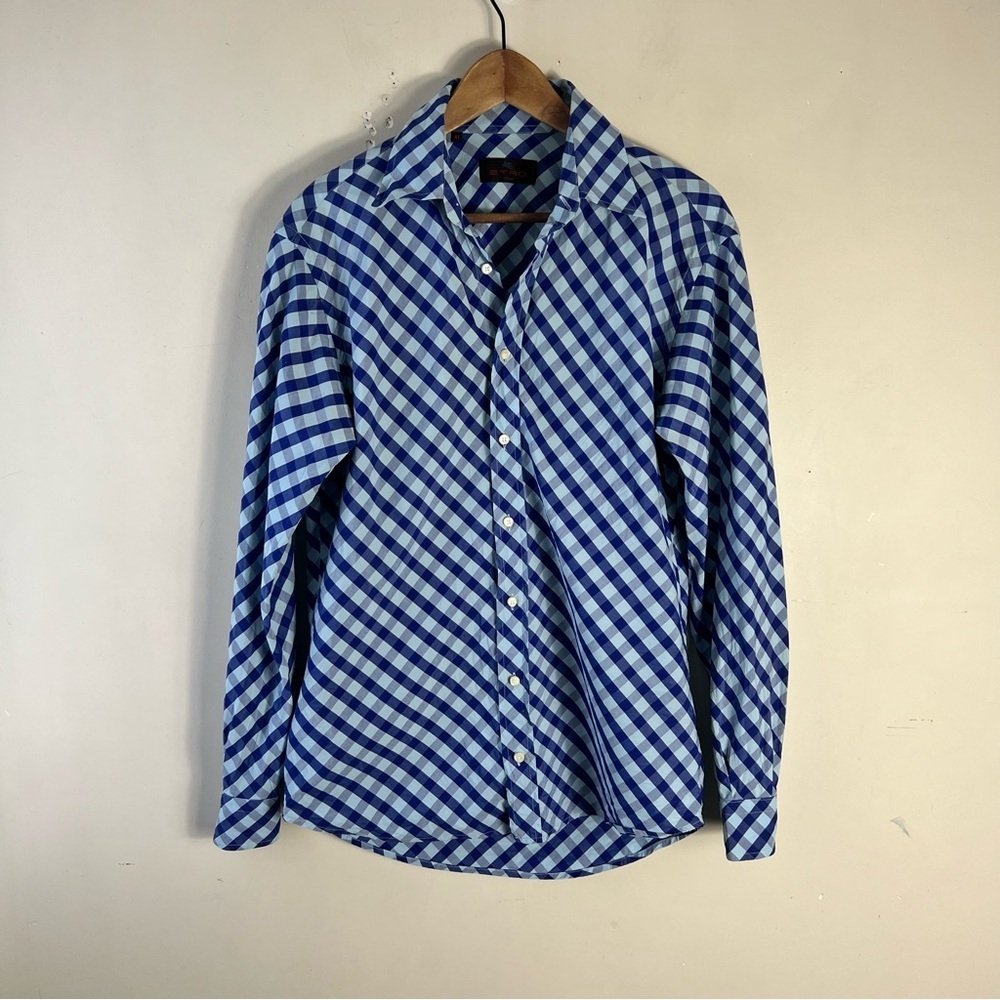Etro Milano Blue Check 100% Cotton Long Sleeve Collared Button Up Shirt Size 41